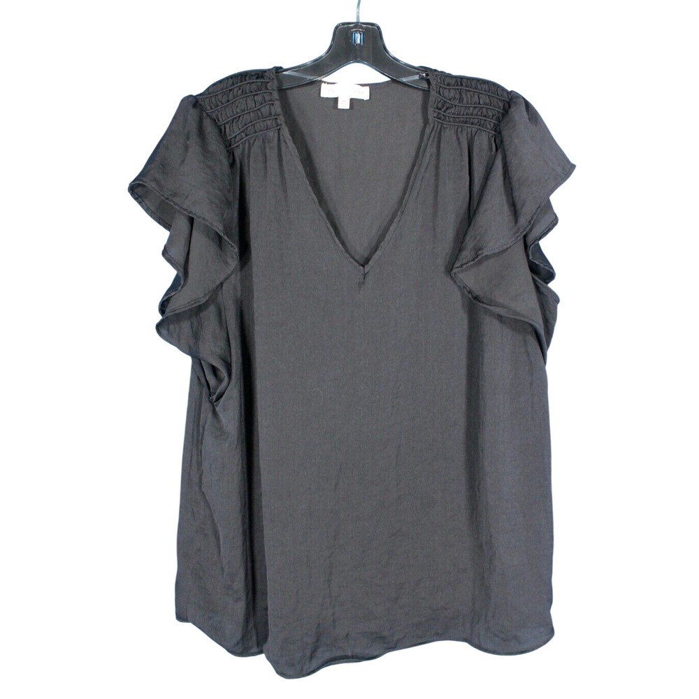 THE LINE OF STYLE Black SATIN Smocked Trim FLUTTER SLEEVES Blouse/Top Sz 1X